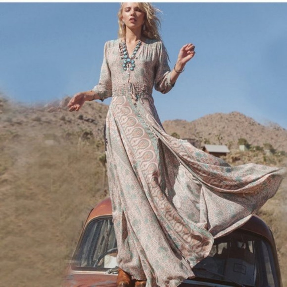 Bohemian gypsy paisley Print Maxi Dress button tie - Picture 2 of 4